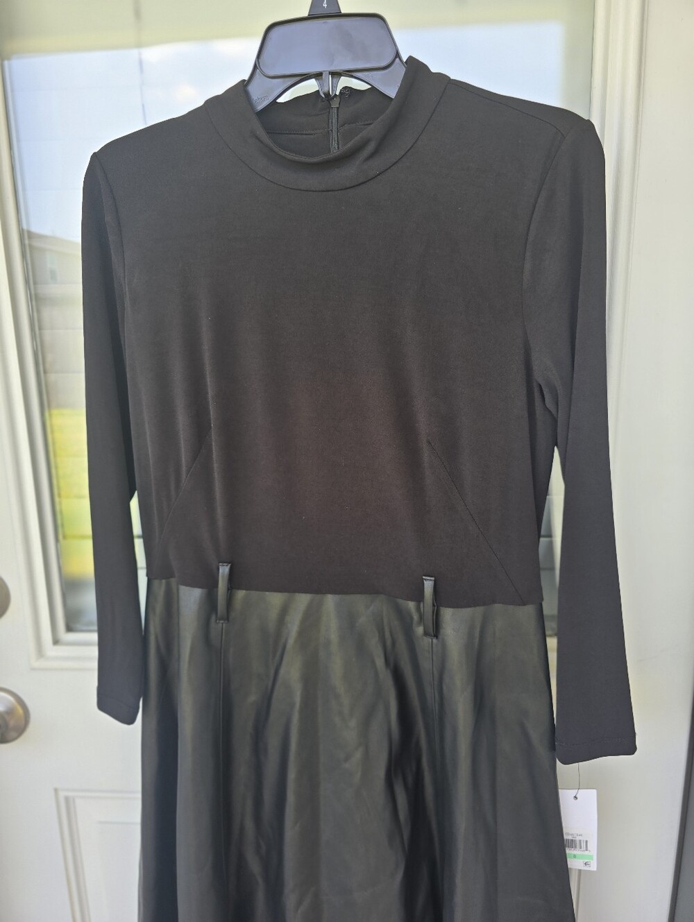 Calvin Klein Black Faux Leather Skirt Dress 8 Mock Neck Fit Flare No Belt FLAW - Picture 3 of 8